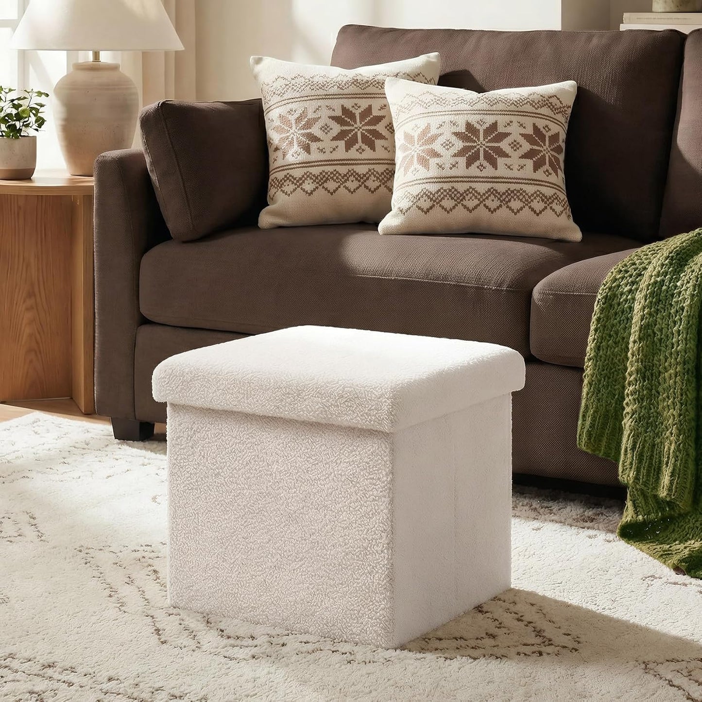 16.5in Small Storage Ottoman Foldable Sherpa Top Storage Bench,Foot Rest/Step Stool for Bedroom Dorm Entryway, Space Saving for Small Spaces- White