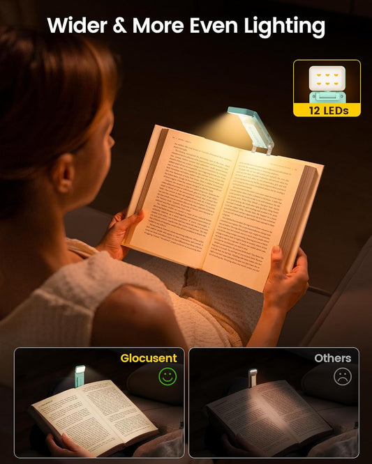 Glocusent 12 LED Rechargeable Book Light, Clip-on Reading Light with 5 Colors & 5 Brightness Levels, Up to 100Hrs Runtime, Eye-Caring Reading Lights for Books in Bed, Perfect for Book Lovers, Kids