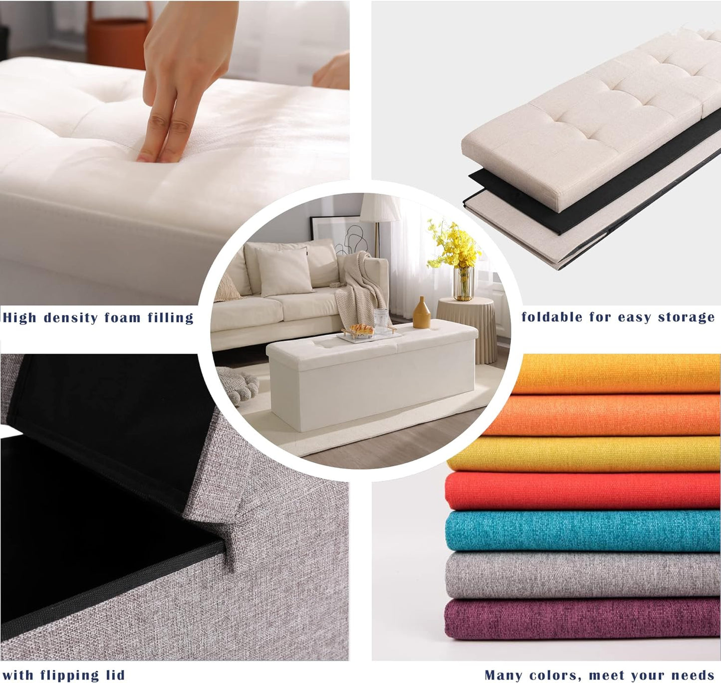 CUYOCA Storage Ottoman Bench Foldable Seat Footrest End of Bed Ottoman with Flipping Lid for Living Room, 75L, 30 inches Linen Fabric Grey