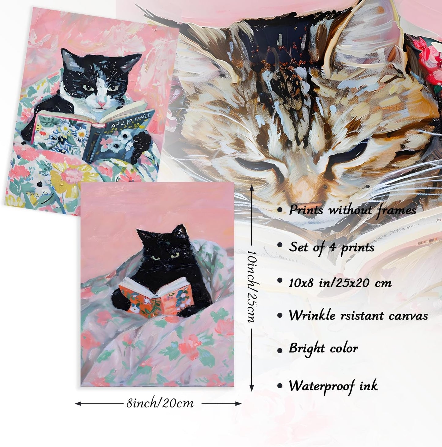 Dazzlewall 4Pcs Funny Cat Reading Book Wall Art Posters, Vintage Cat Aesthetic Art Prints for Nursery Girls Bedroom Study Room Decor 8x10 in Unframed