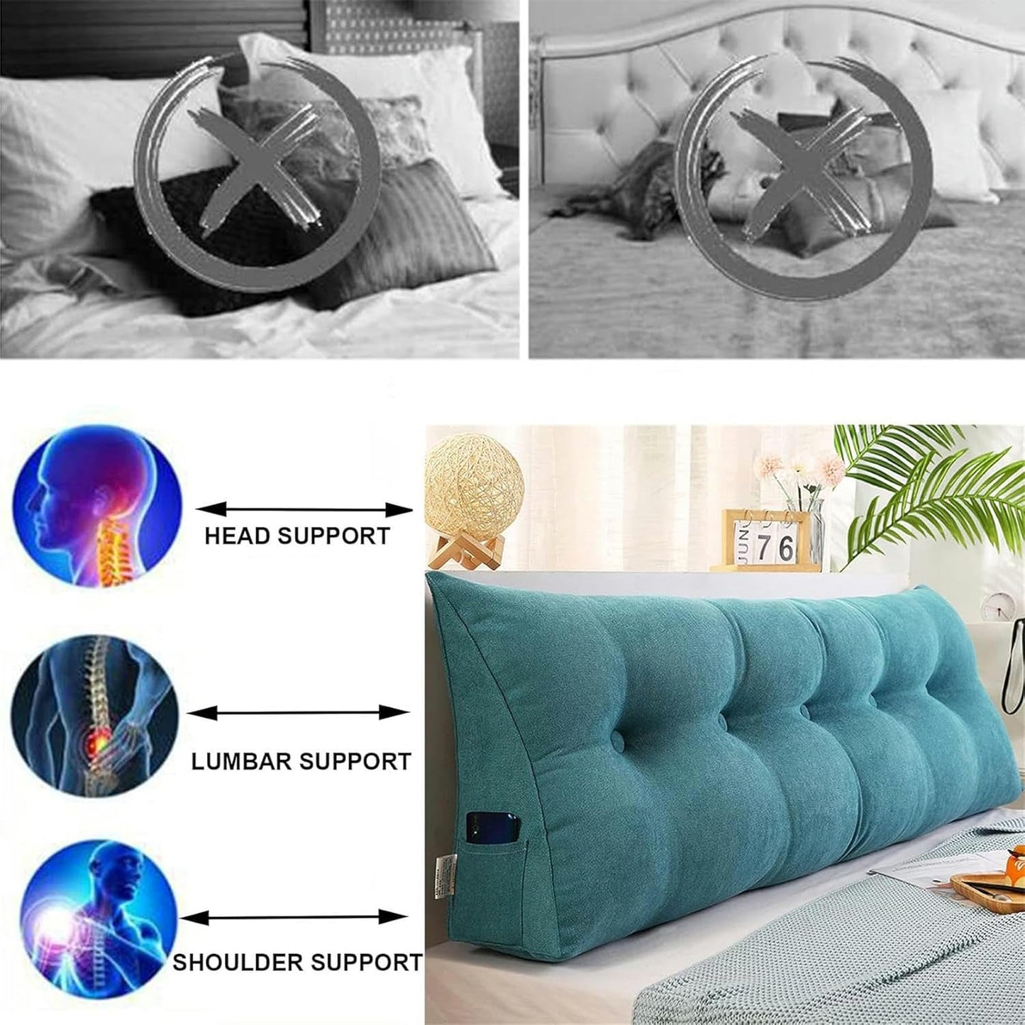AMNOOL Triangular Reading Bed Rest Pillow Large Bolster Cushion Headboard Backrest Wedge Pillow Adult Shoulder Lumbar Support for Dorm Room Daybed Full Size, Queen(59Inch)