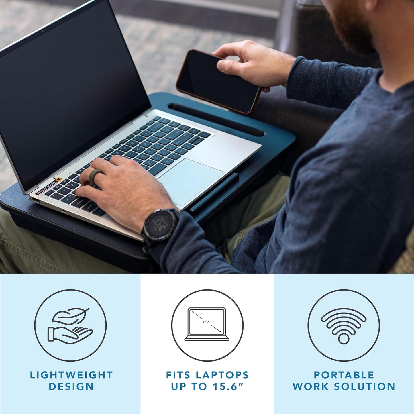 LAPGEAR Sidekick Lap Desk with Device Ledge and Phone Holder - Black - Fits up to 15.6 Inch Laptops - Style No. 44218
