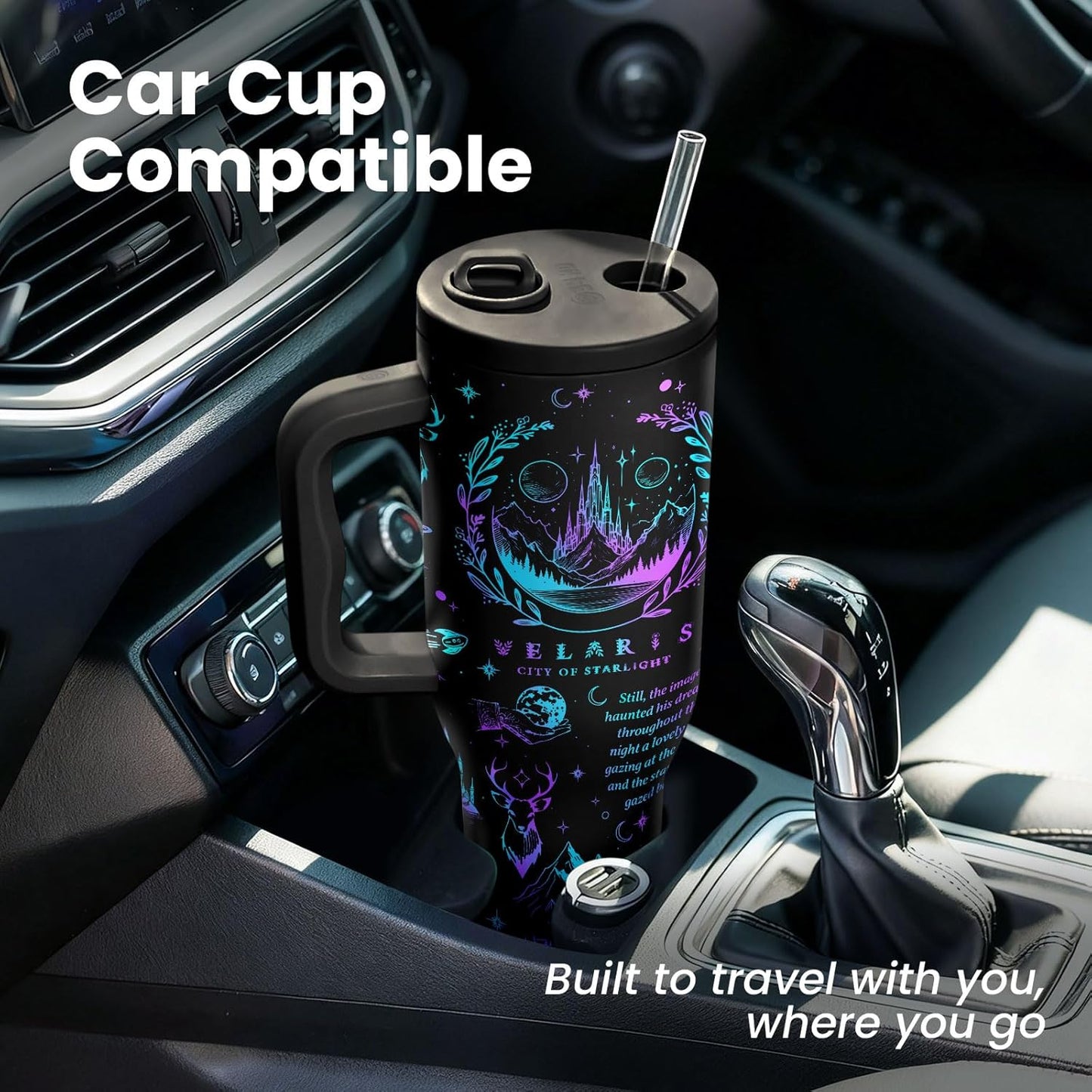 34HD Starlight Tumbler 40oz with Handle and Straw, Fantasy Light It Up Stainless Steel Insulated Travel Coffee Mug, Dark Cup for Book Lovers - Birthday Gifts, Bookish Items for Him Her & Reading Fan