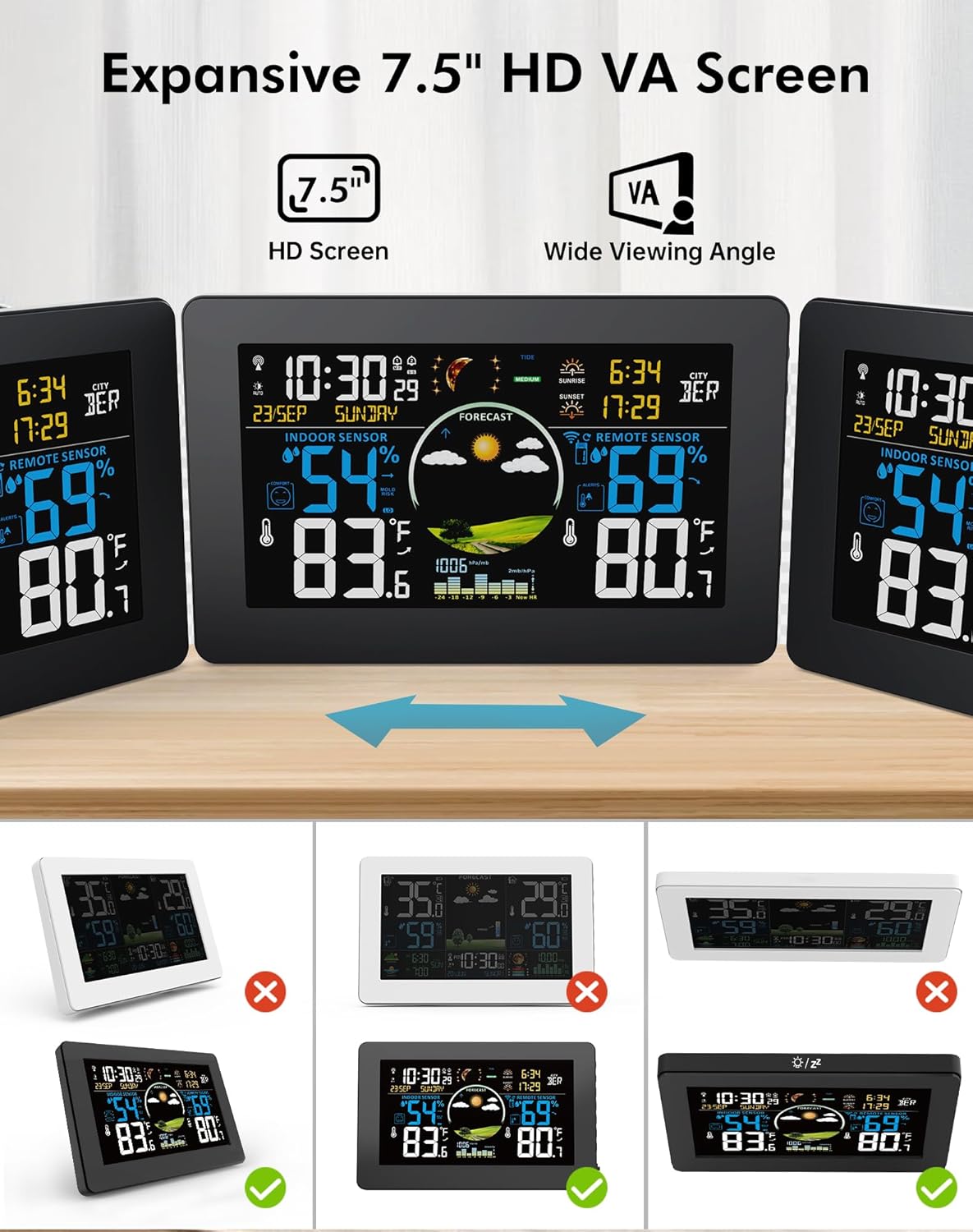 Weather Station Wireless Indoor Outdoor Thermometer, 7.5" VA Display with Remote Sensor, Home Weather Station with Weather Forecast, Temperature, Humidity, Atomic Clock, Moon Phase