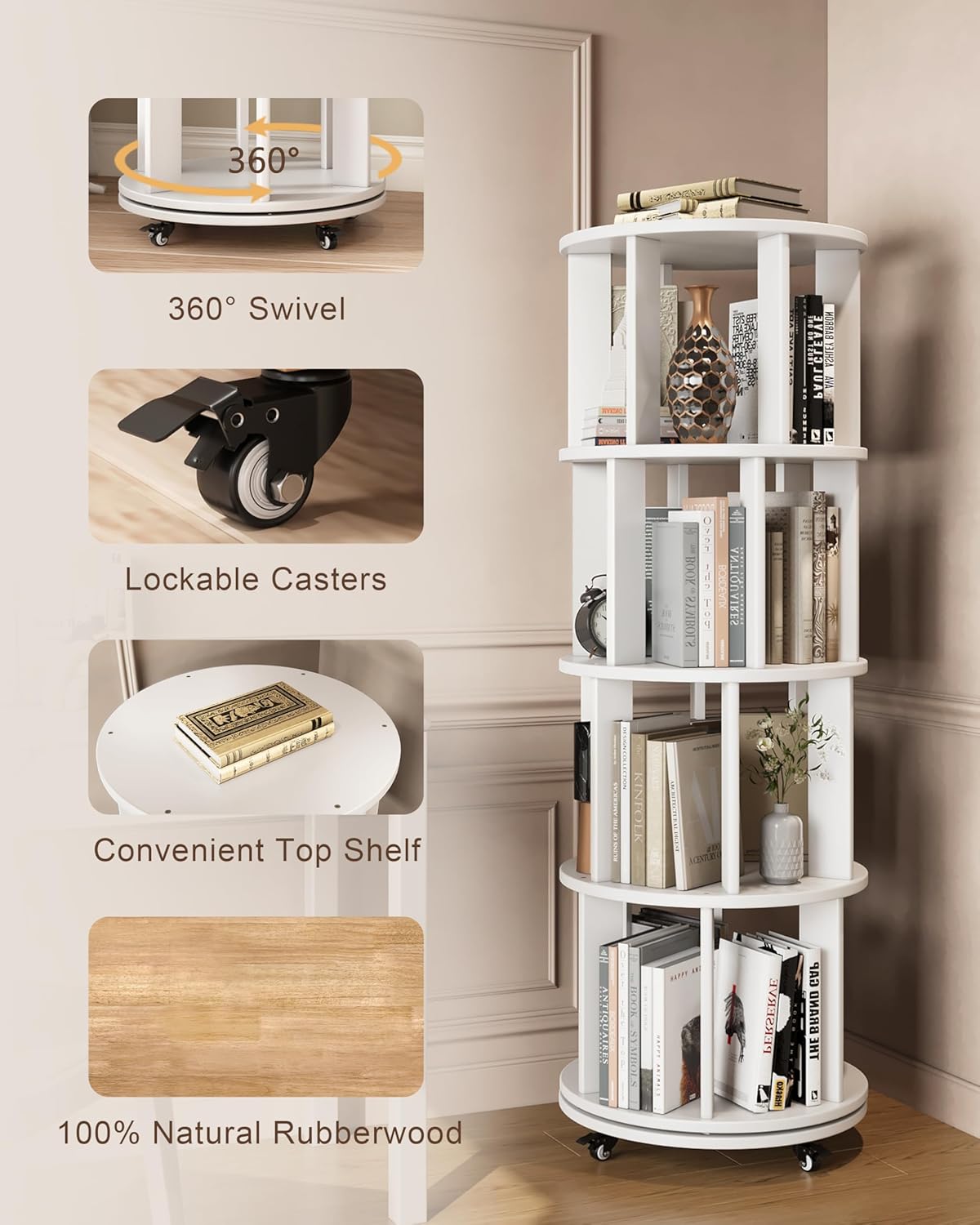 Rotating Bookshelf, 4-Tier Solid Wood Spinning Bookcase with Wheels, 360° Revolving Bookshelf Tower with Lockable Casters, Compact Round Book Tower for Kids Room, Bedroom, Small Space, White