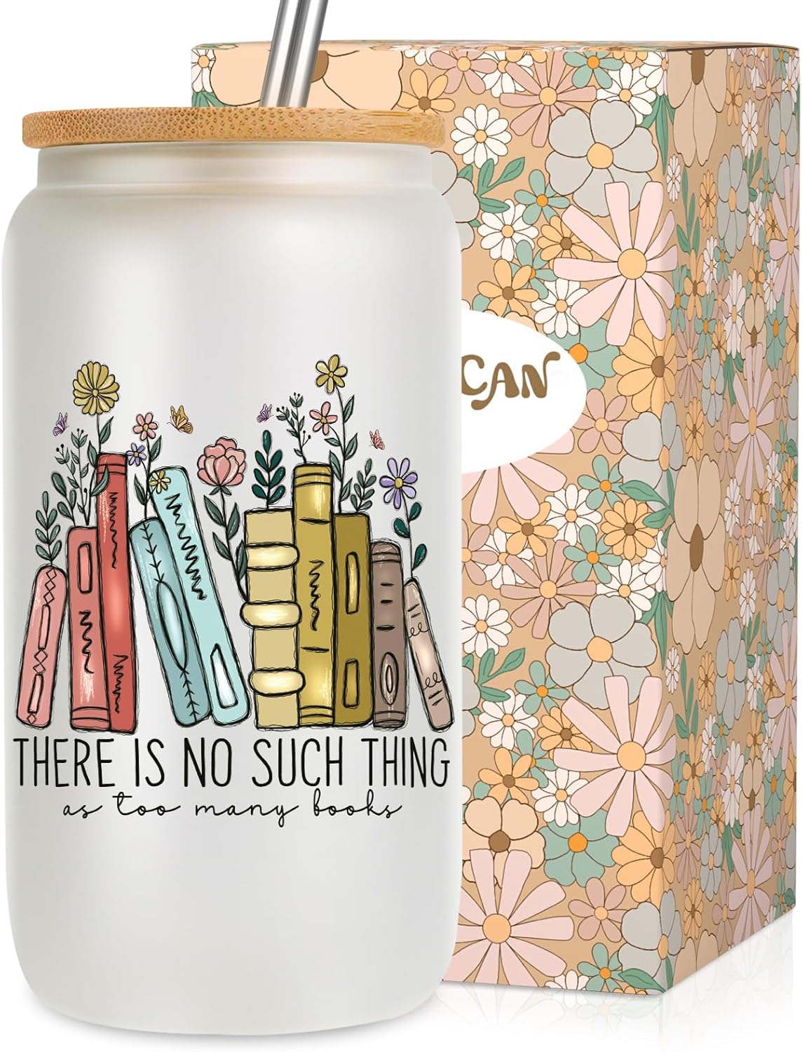 LEADO 16 oz Cute Glass Cups with Lids and Straws - Book Lovers Gifts - Bookish Present, Birthday, Mothers Day Gifts for Book Lovers Women, Readers, Bookworm, Girl - Coffee Tumbler, Reading Accessories