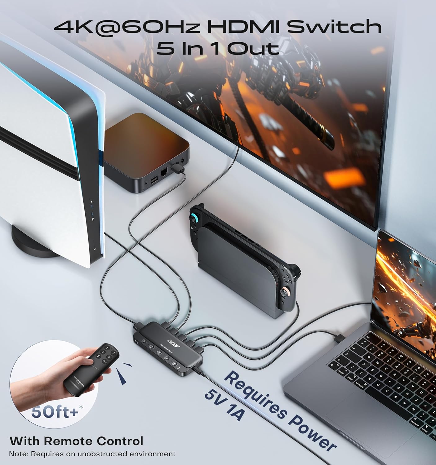 acer HDMI Switch 5 in 1 Out [4K@60Hz, HDMI 2.0, HDCP 2.3, HDR] Switcher with Remote, Supports DTS, Dolby, Work for PS5/Xbox/Switch/Roku/TV Stick/Projector