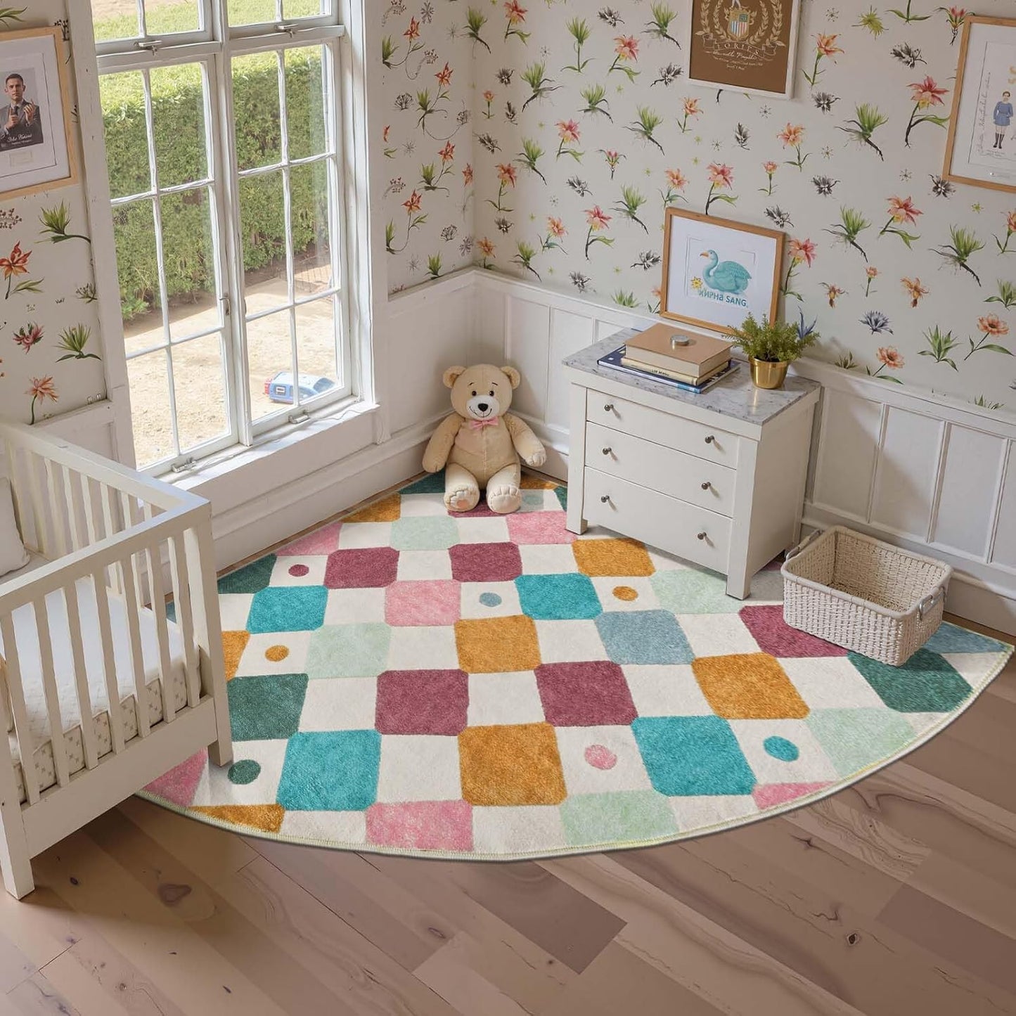 jinchan Macy Kids Rug for Nursery 6ft Radius Corner Washable Area Rug Modern Colorful Quarter Circle Rug Soft Non-Slip Carpet for Bedroom Playroom Daycare Reading Nook Classroom Confetti on Cream