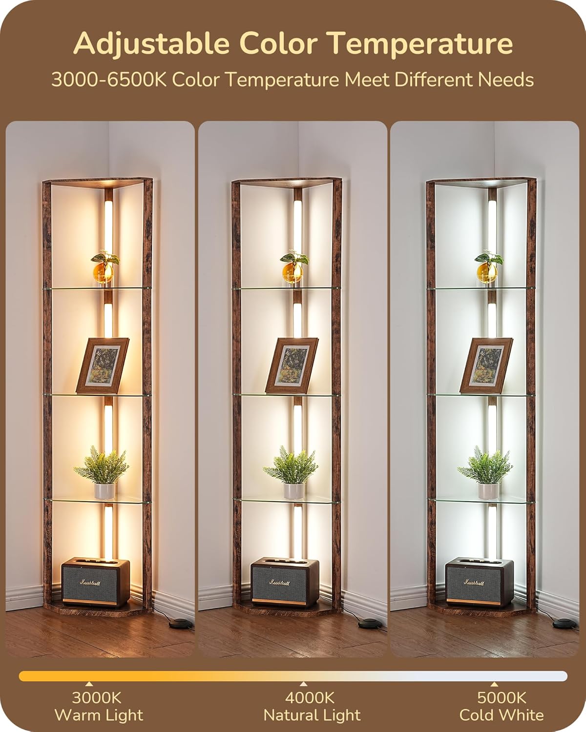 EDISHINE Corner Shelf with Light, 5-Tier Glass Display Shelf with Remote/Foot Control, 3CCT & Dimmable Corner Lamp, Open Display Cabinet, Standing Lamp for Living Room, Bedroom, Flamewood Color
