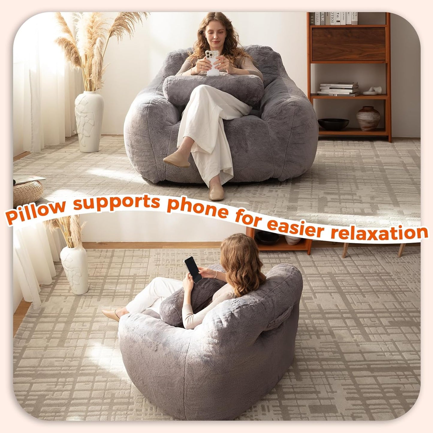 Bean Bag Chair for Adults with Pillow,Oversized Bean Bag Couch for Adults and Kids,Giant Lazy Couch Sofa Chairs with Filler,Large Reading Chair for Living Room Bedroom,Dark Gray