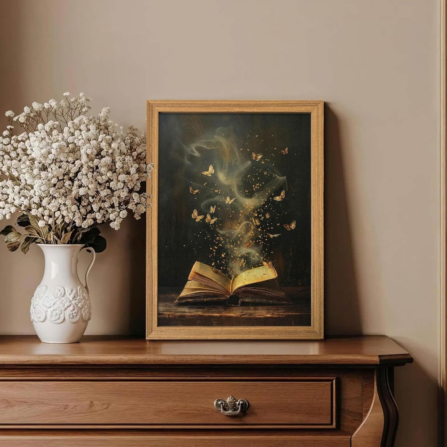 Framed 3D Textured Book Wall Art, Vintage Gold Moody Victorian Bookish Wall Decor Picture, Dark Academia Reading Butterfly Sandstone Painting for Library Bedroom Bookstore 16x24 Inch