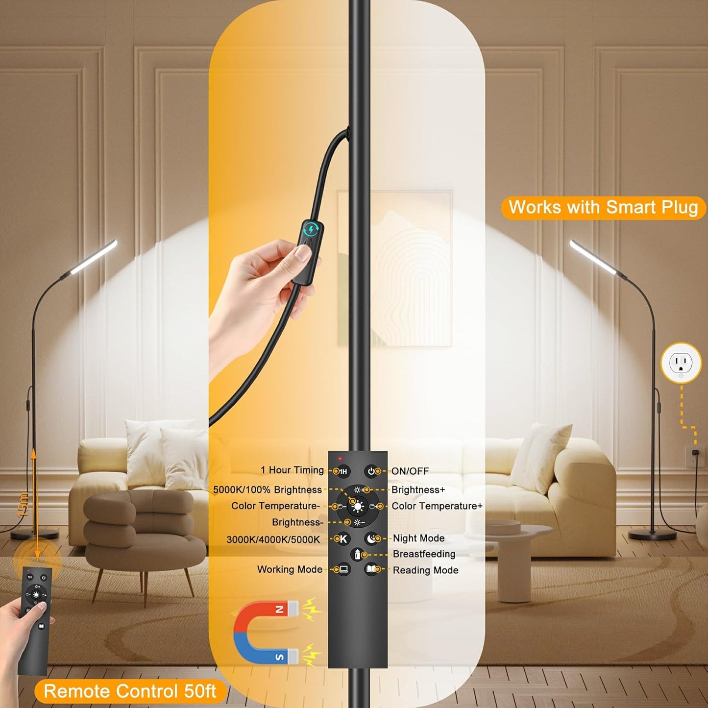 Floor Lamp, 18W Super Bright LED Floor Lamps for Living Room with Remote, Stepless Dimming Color Temperature & Brightness, Modern Adjustable Neck Standing Lamp Ideal for Bedroom, Office, Study