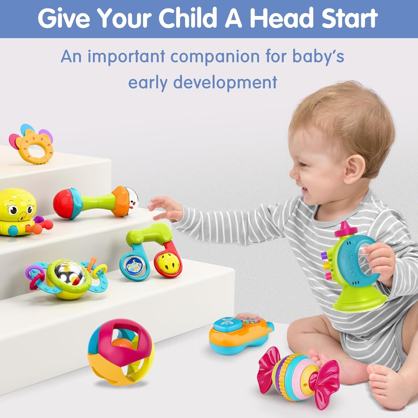 iPlay, iLearn 10pcs Baby Rattles Toys Set, Infant Grab Shake Rattle, Easy Hold Sensory Teether, Babies Development Learning Music Toy, Newborn Shower Birthday Gift 1 2 3 4 5 6 7 9 10 12 Month Boy Girl