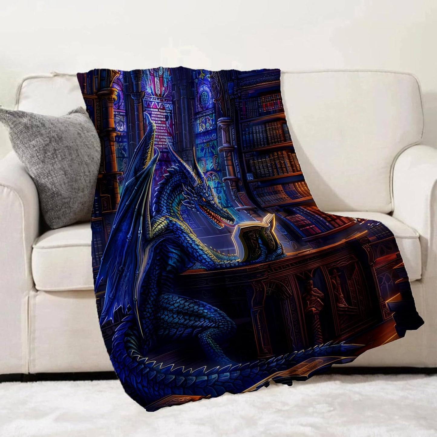 Fantasy Dragon Reading Throw Blanket for Adults Kids, 50x60 in, Blue Dragon Theme Flannel Blankets for Bedroom, Couch, Travel, Home Decor, Fuzzy Soft Cozy Warm Gifts