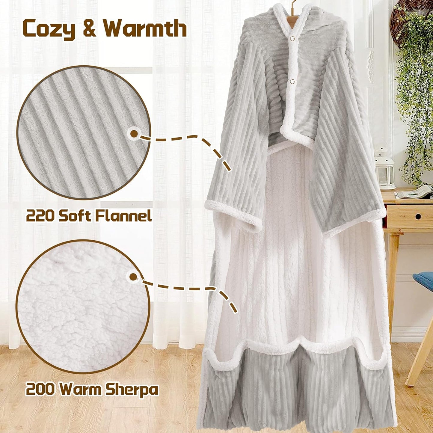 Heated Wearable Electric Blanket with Sleeves & Foot Pocket, Stripe Fleece Sherpa, 6 Heat Levels 12H Timer Setting, Over-Heat Protection, Machine Washable, 52x72 Inches Light Gray for Office/Home/Gift