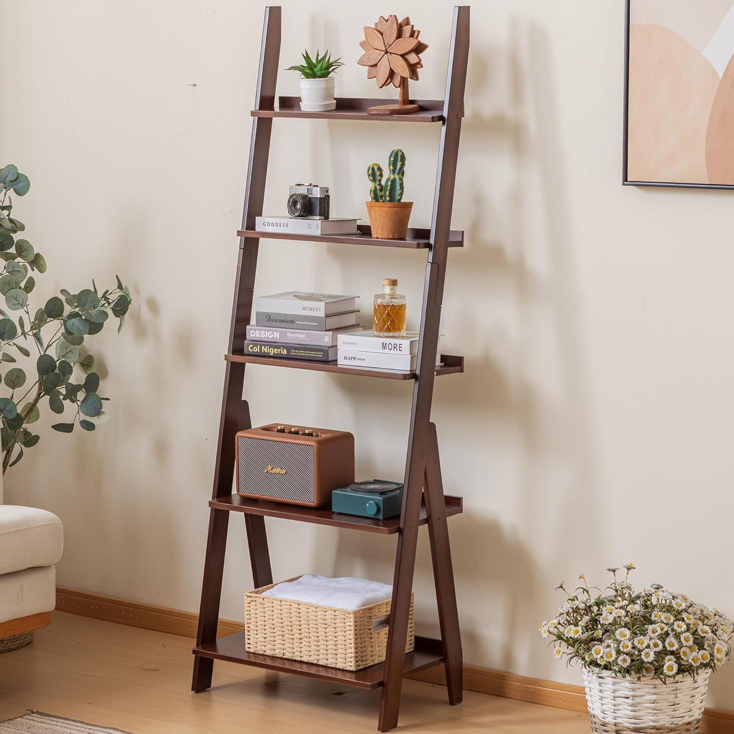 DOUSY-5-Tier Ladder Shelf Bookcase, Bamboo Ladder Bookshelf Leaning Book Shelf, Freestanding Storage Shelf Boho for Living Room, Home Office, Bedroom, Balcony, Walnut