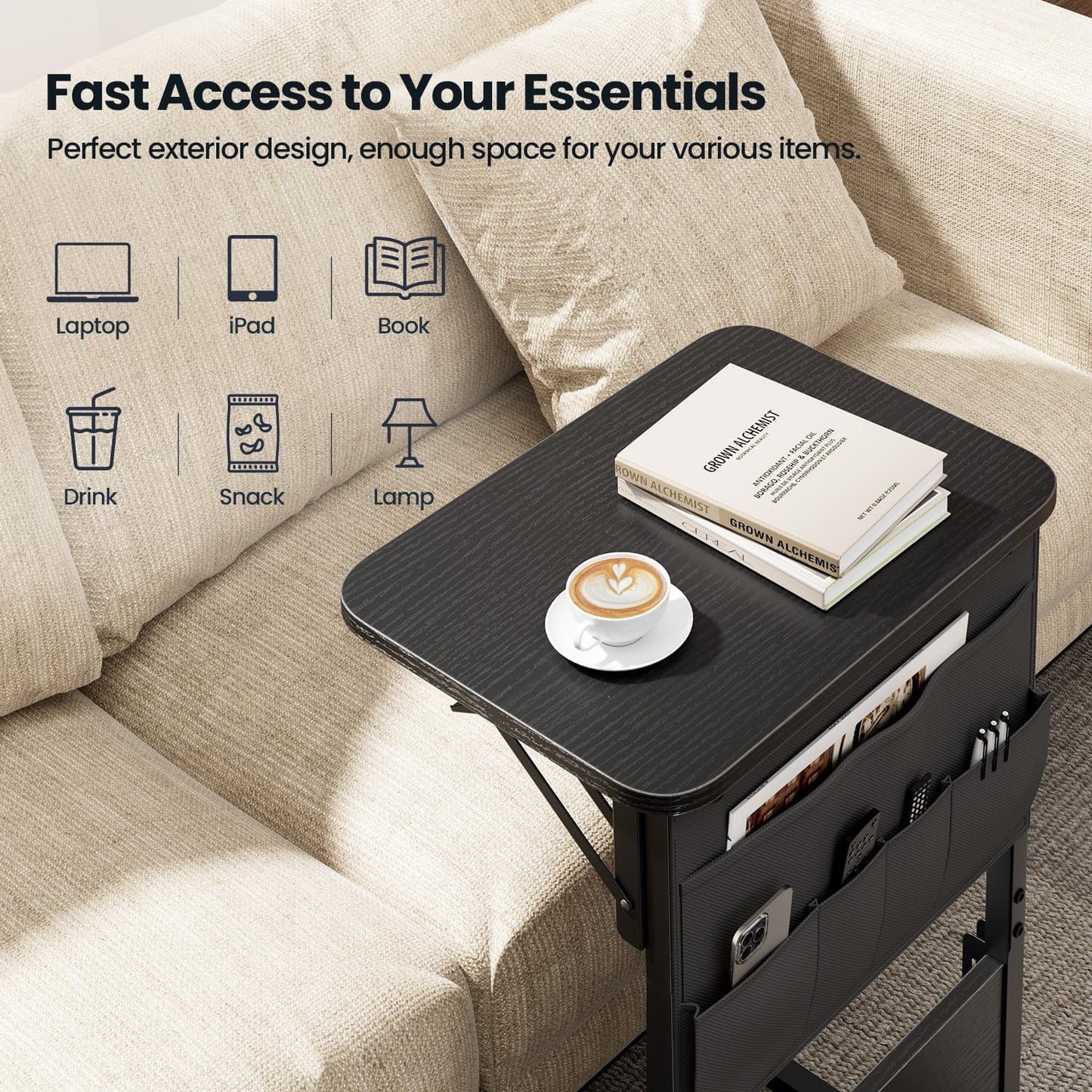 HLDIRECT C Shaped End Table with Charging Station, Couch Side Table with Storage Bag, Foldable TV Tray with 2 USB Ports and Outlets for Living Room, Bedroom, Black