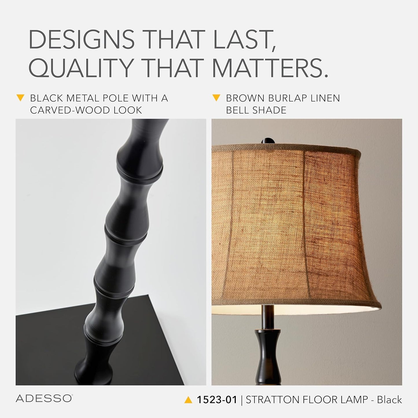 Adesso Black Floor Lamp with Brown Fabric Shade – 3-Way Adjustable Brightness Accent Lighting for Bedroom, Living Room or Home Office, 62” Tall