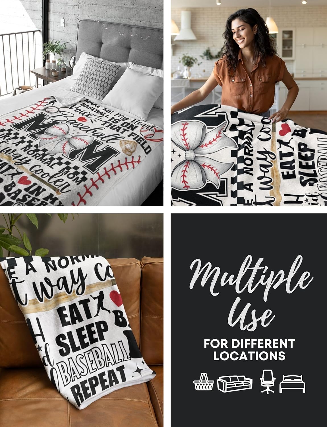 Baseball Mom Gifts for Women, Team Mom, Flannel Throw Blanket for Mother's Day, Christmas, White, 50x65 Inches
