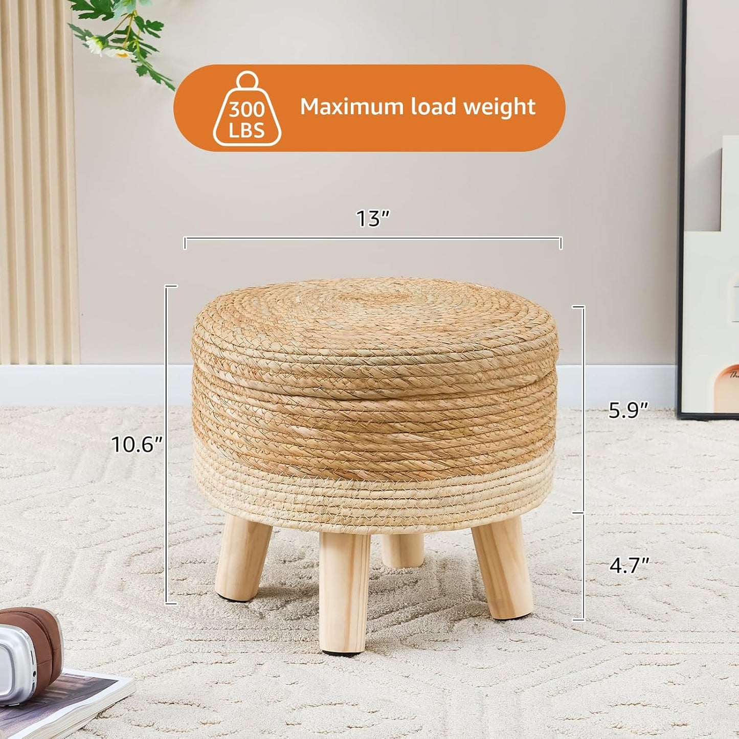 Cpintltr Storage Ottoman Poufs Handwoven Footstool Natural Seagrass Round Footrest Stool with 4 Wood Legs Soft Padded Outdoor Seat for Hallway Lounge Bedroom Garden