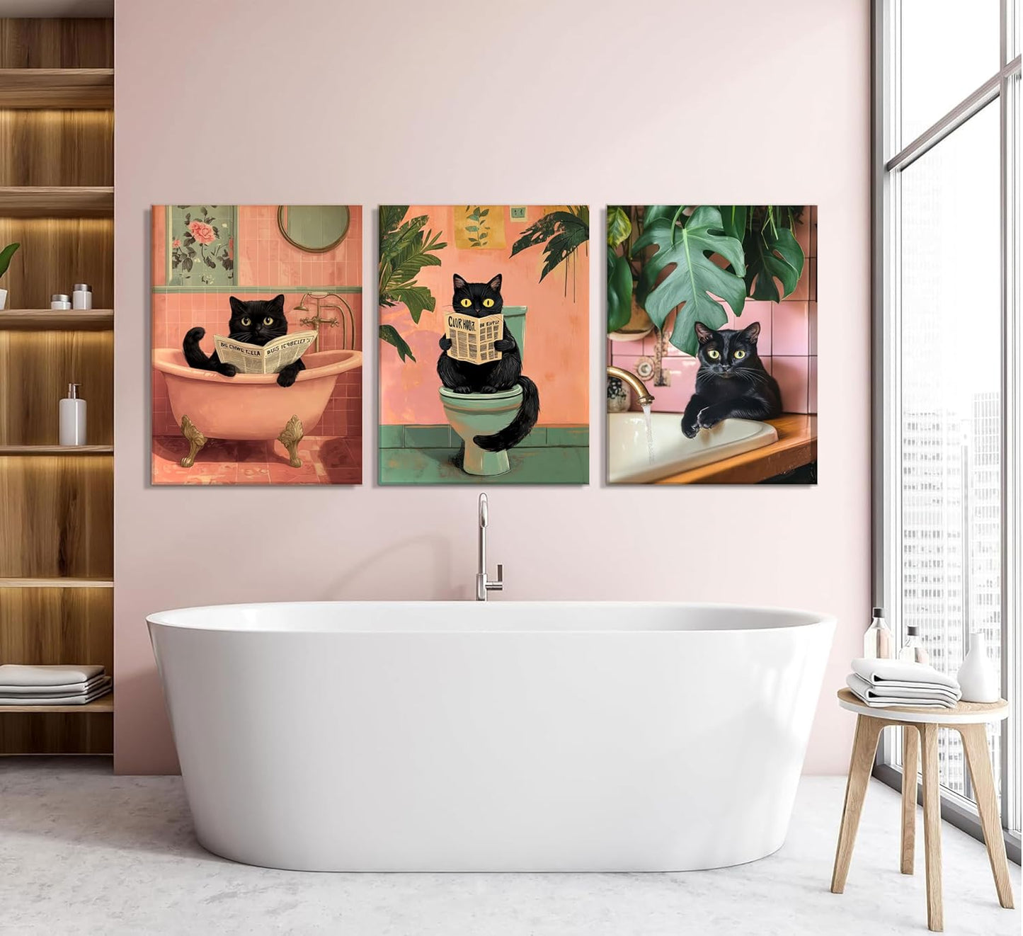 3Pcs Pink Bathroom Cat Canvas Wall Art Black Cat Sitting on Toilet Reading Posters Funny Cat Bathroom Prints Pink Animal Pictures Green Botanical Painting Wall Decor for Bathroom Toilet Framed