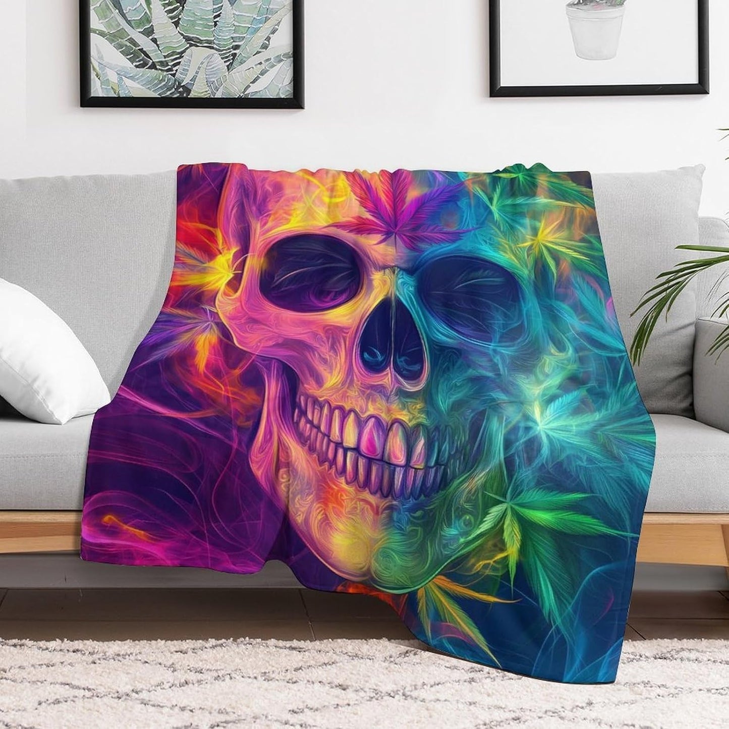 Skull Smoke Weed Throw Blanket for Couch Bed Plush Cozy Fuzzy Flannel Blanket for All Season 60"x80"