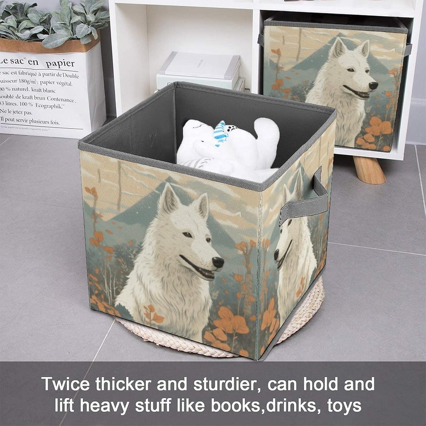 Pen Next to Dog Storage Bins with Handles Fashion Large Storage Cubes Sturdy Foldable Storage Boxes Space-Saving Storage Baskets for Home Office Clothes Closet Organizers