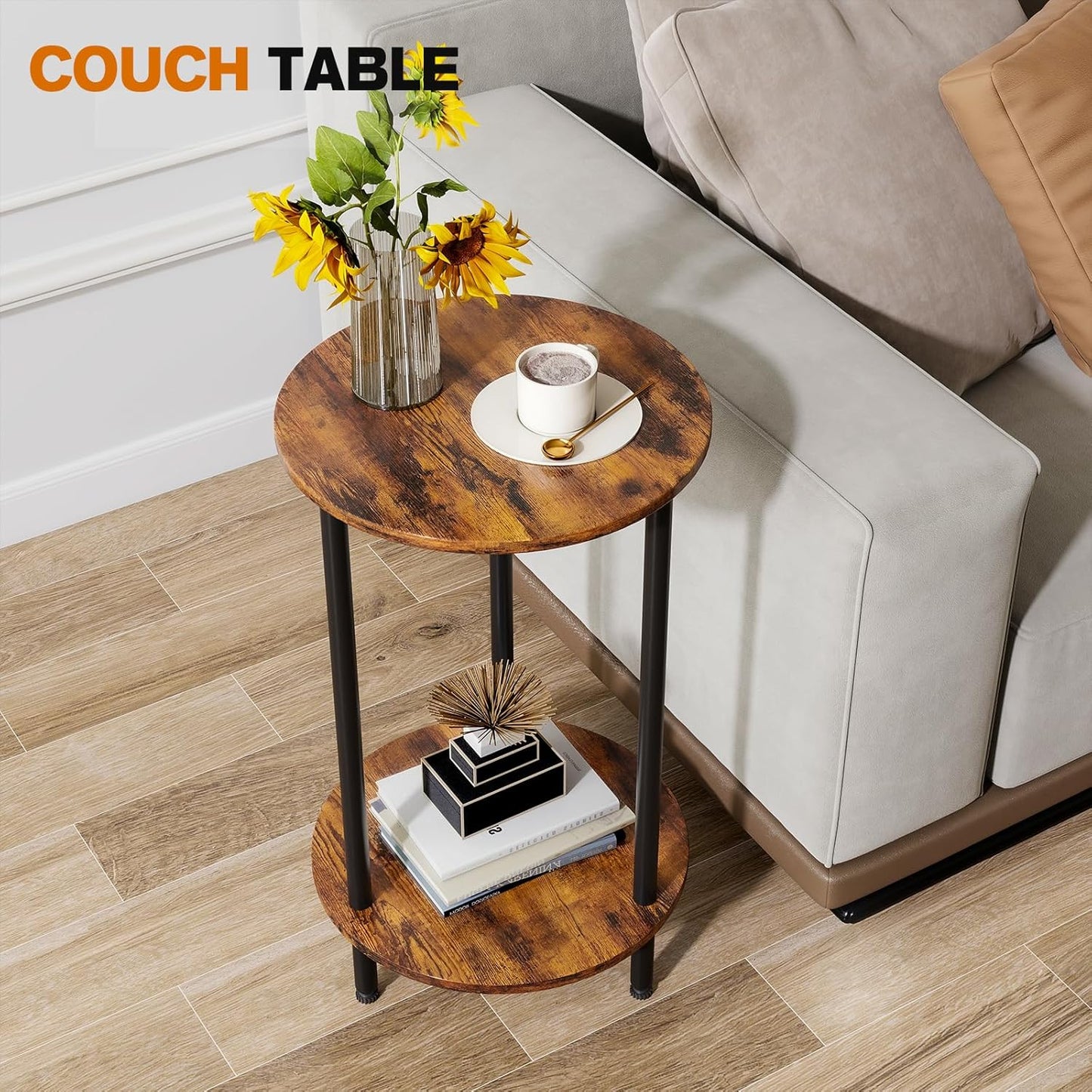 Round Side Table Set of 2, 2-Tier End Table, Small Round Nightstands with Storage, Modern Accent/Bedside Table for Living Room, Bedroom-Brown