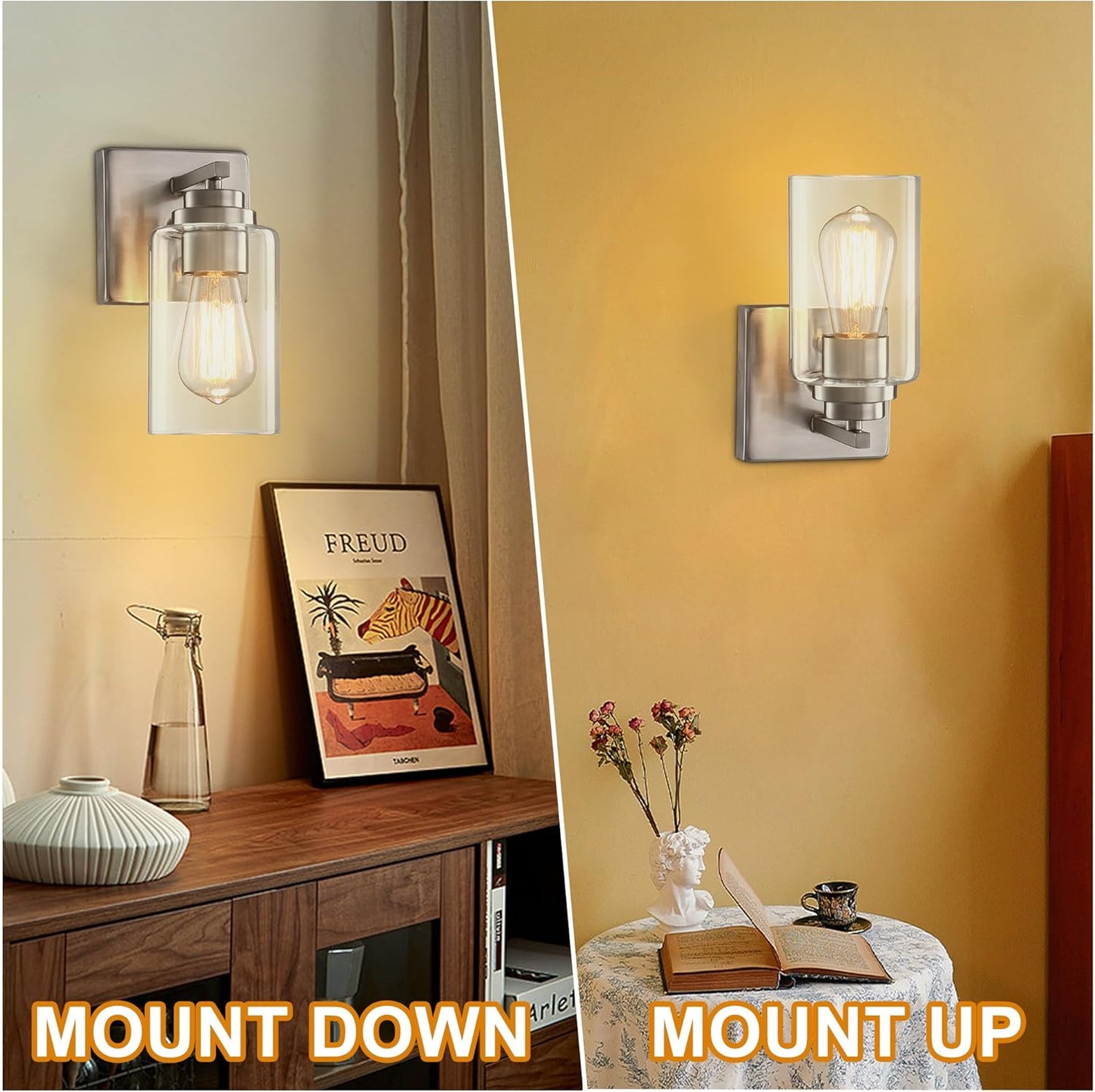 Pia Ricco Wall Sconces Set of 2, Bedside Wall Lamp with Switch for Bedroom, Modern Bathroom Light Fixture with Clear Glass Shade, Brushed Nickel Sconces Wall Lights for Living Room, Hallway, Kitchen