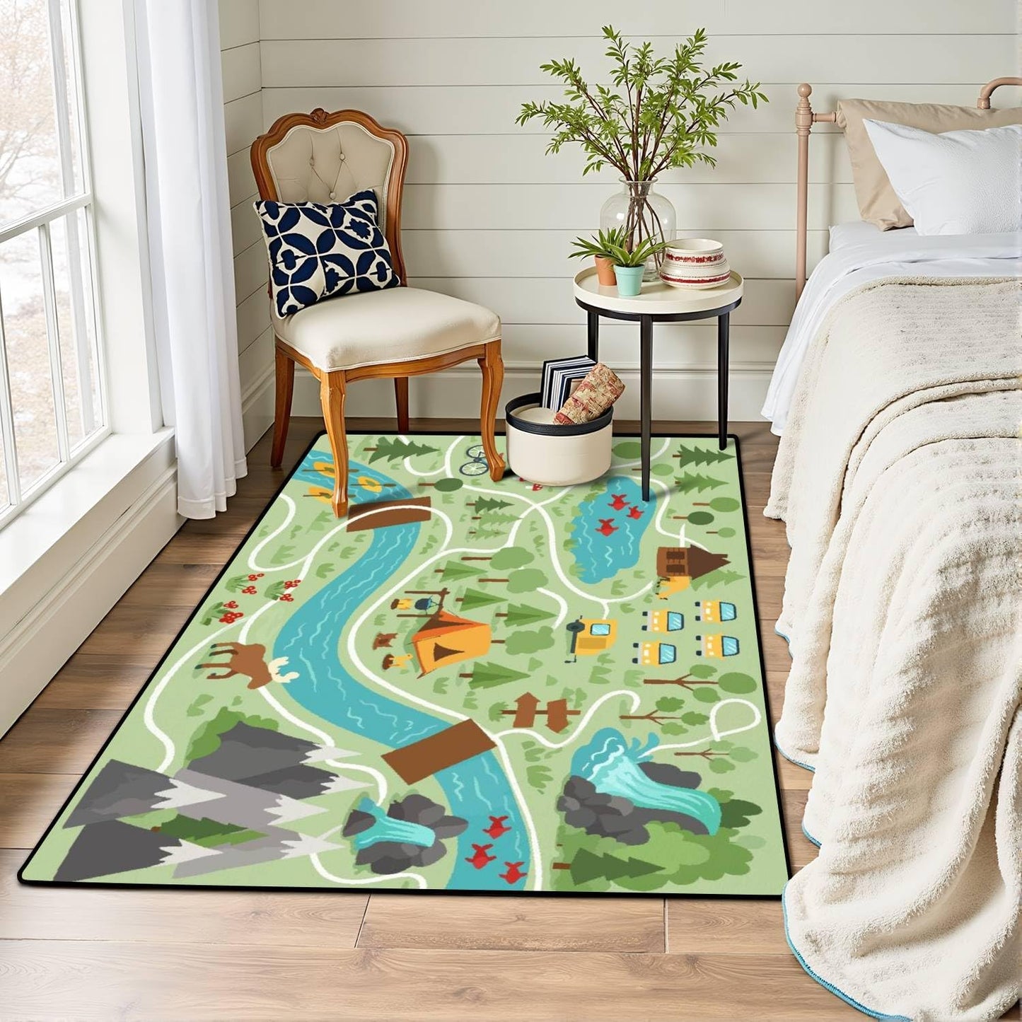 Camping map Summer Camp Nature Clip Art Infographic Elements Mountains Area Rug Outdoor Patio Rug Play Mat Modern Floor Carpet Non-Slip Home Decor Living Room Kids Bedroom Nursery, 3x5 ft