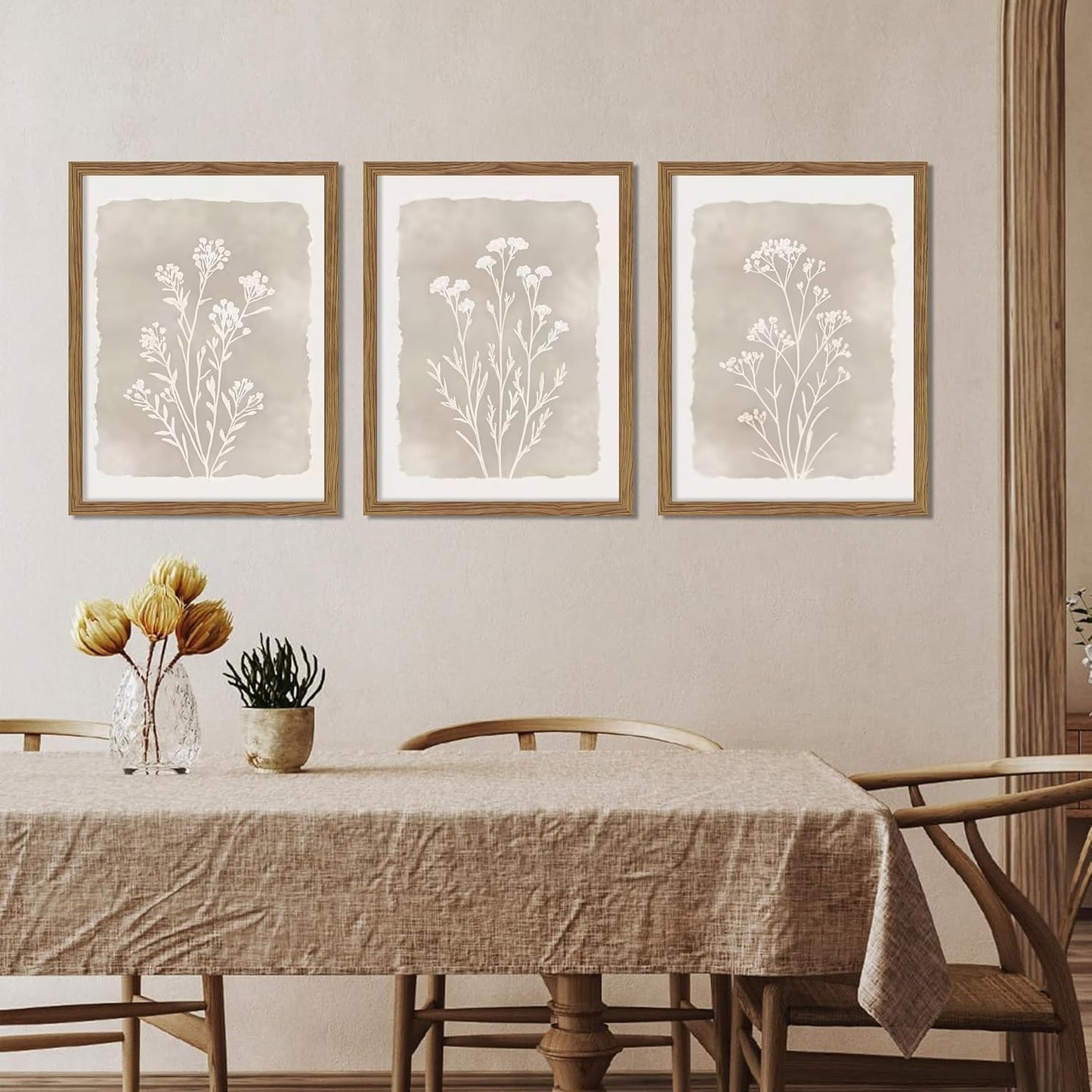 Framed Boho Botanical Flower Wall Art Set of 3, Vintage Minimalist Neutral Floral Wall Decor Paintings, Rustic Farmhouse Wildflower Artwork Prints Picture for Living Room Bedroom Bathroom 12x16 Inch
