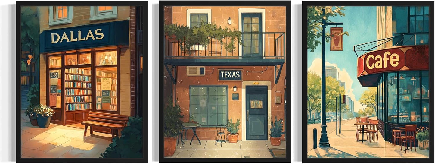 Dallas Texas Art Print Poster, (Set of 3) Vintage Cafe Bookstore Reading Books Wall Art Painting for Living Room Office Decor AAA15 (Dallas Texas, 8 x 10 inches (3 Panels), Unframed)