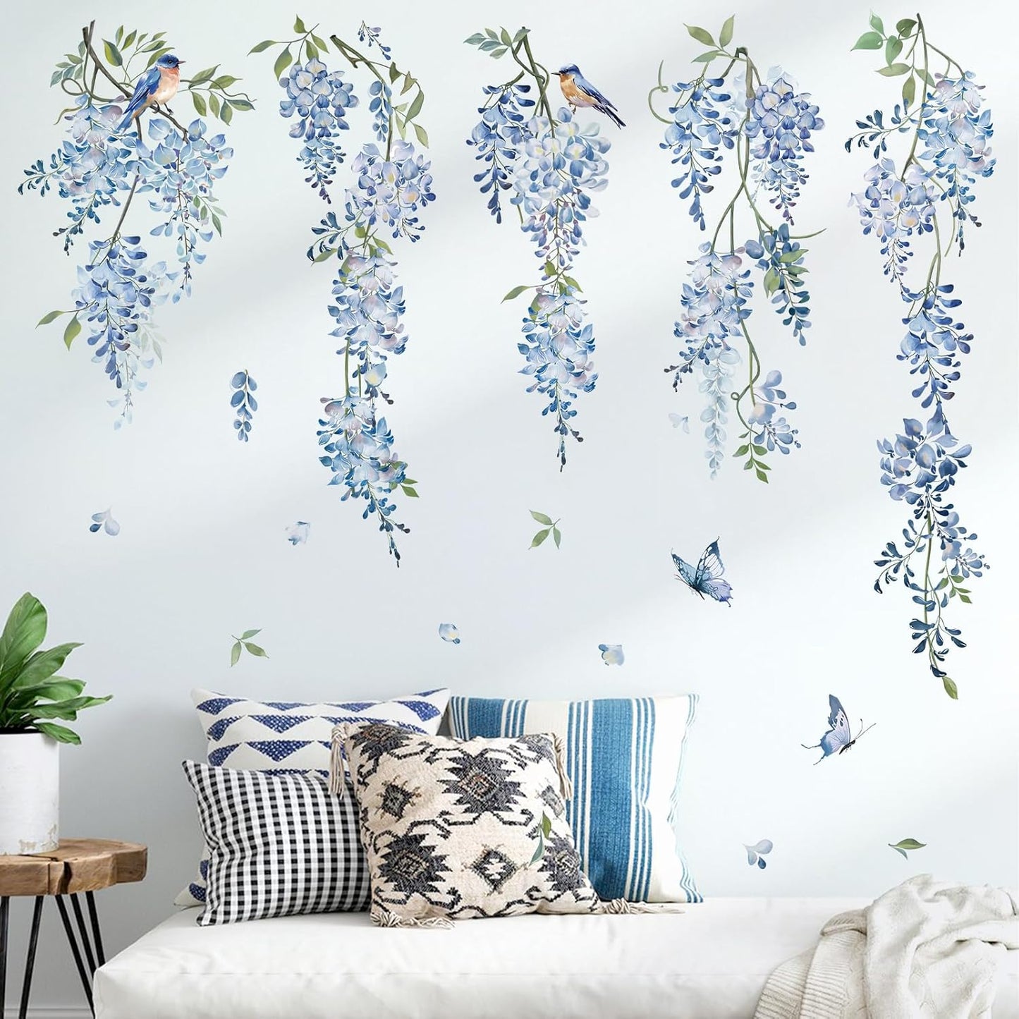 decalmile Hanging Flower Vine Wall Decal Blue Wisteria Floral Vines Wall Stickers Living Room Bedroom Sofa TV Background Wall Decor