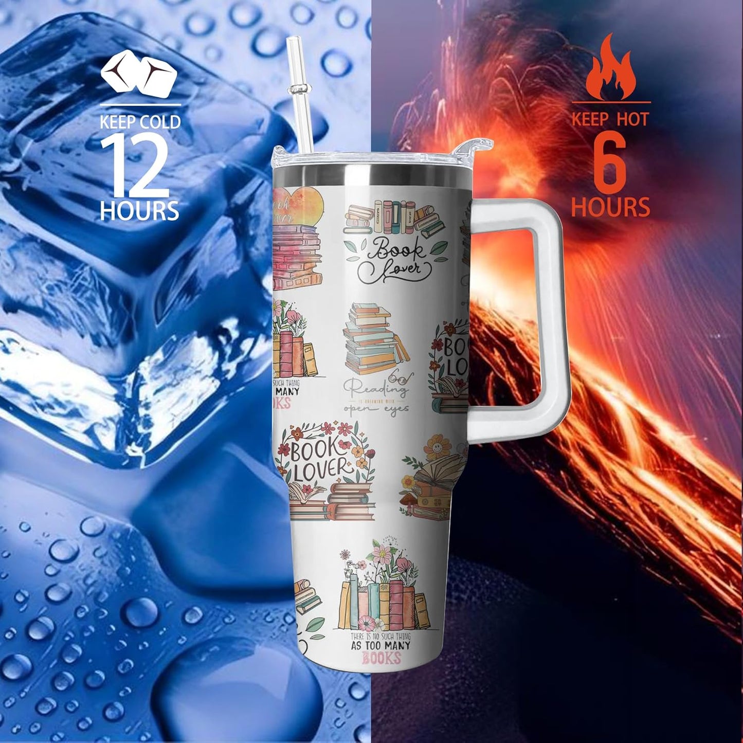 40oz Book Lovers Gifts Reading Tumbler with Lid and Straw for Women, Stainless Steel Insulated Cup, Coffee Mug Water Bottle for Bookworm Readers Librarian Bookish