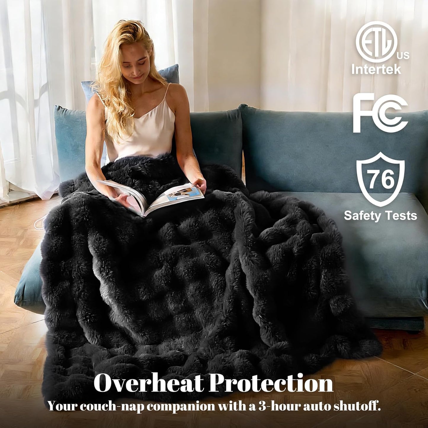 IUUI Electric Heated Blanket Throw 50''x60'',Luxury Faux Rabbit Fur Heating Throw Blankets,Fast Heating with 1/2/4/6/8/10 Hours,Overheat Protection, Quick Heating, Memory Function, Gift-Ready Design