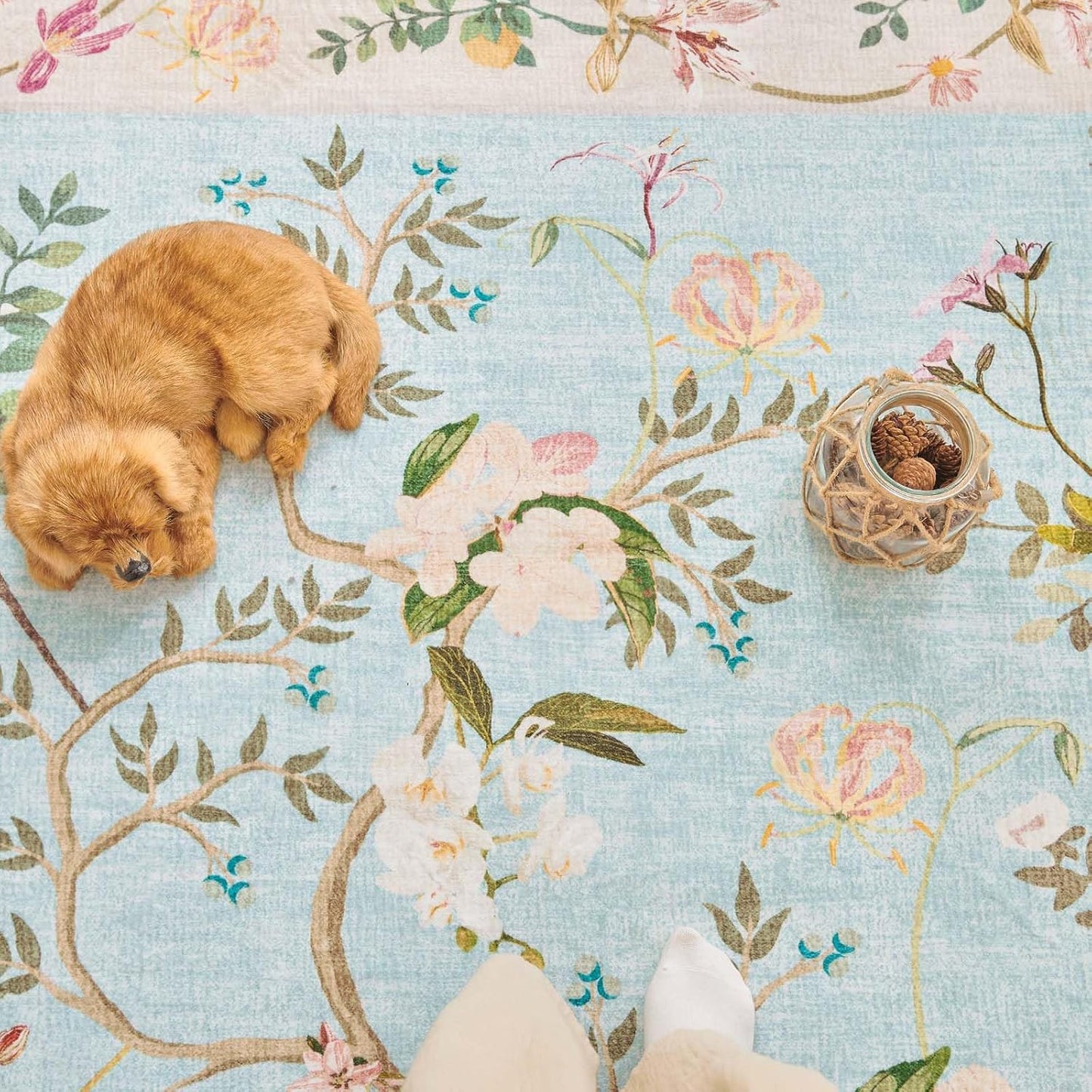 jinchan Floraison Floral Rug for 5FT Radius Corner Washable Sector Rug Oriental Flower Design Non Slip Quarter Circle Lightweight Low-Pile Throw Carpet for Bedroom Reading Nook Office Blue/Pink