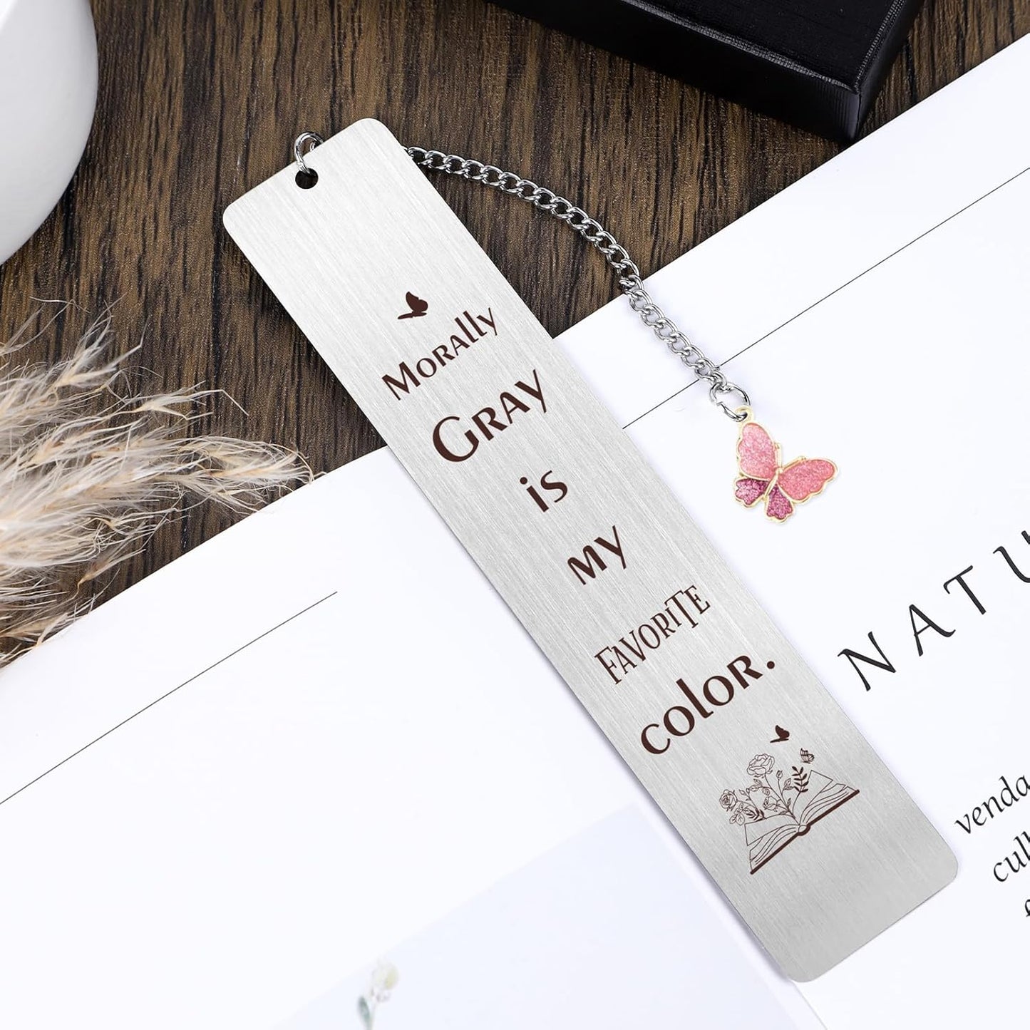 Morally Gray Metal Bookmark Gift - Shejdgart Funny Bookmarks Gifts for Women Pretty Book Marks for Friends Dark Romance Book Mark for Girls Fun Bookmarks with Butterfly Pendant for Book Lovers