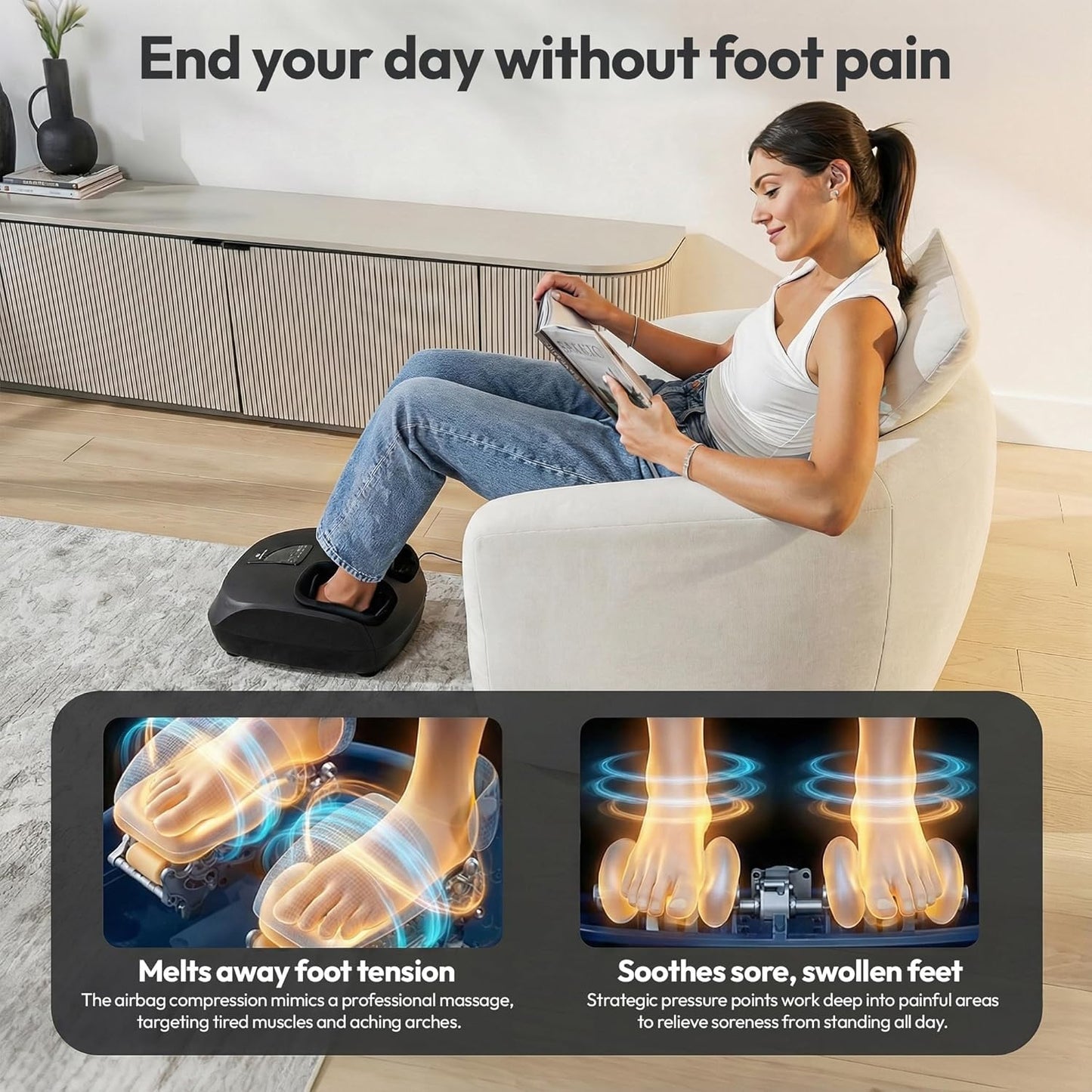 Shiatsu Foot Massager with Heat & Deep Kneading - Relieves Plantar Fasciitis, Neuropathy & Foot Fatigue - Features Adjustable Heat & 3 Compression Setting - Fits Up to Men’s Size 14