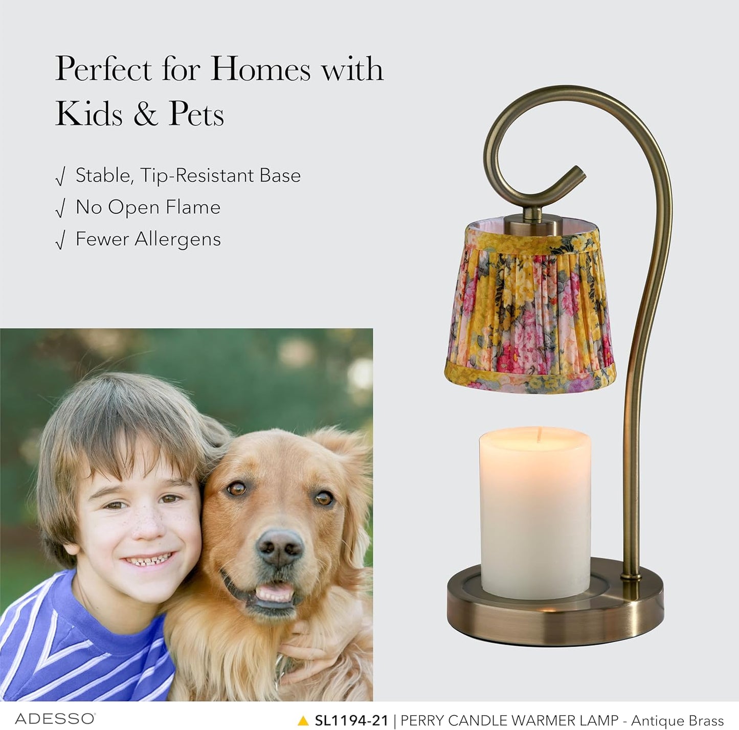 Adesso Candle Warmer Lamp – Flameless Candle Melter with Adjustable Timer & Dimmable Light, Bulb Included, Antique Brass Base & Floral Printed Shade, for Home, Dorm, or Office