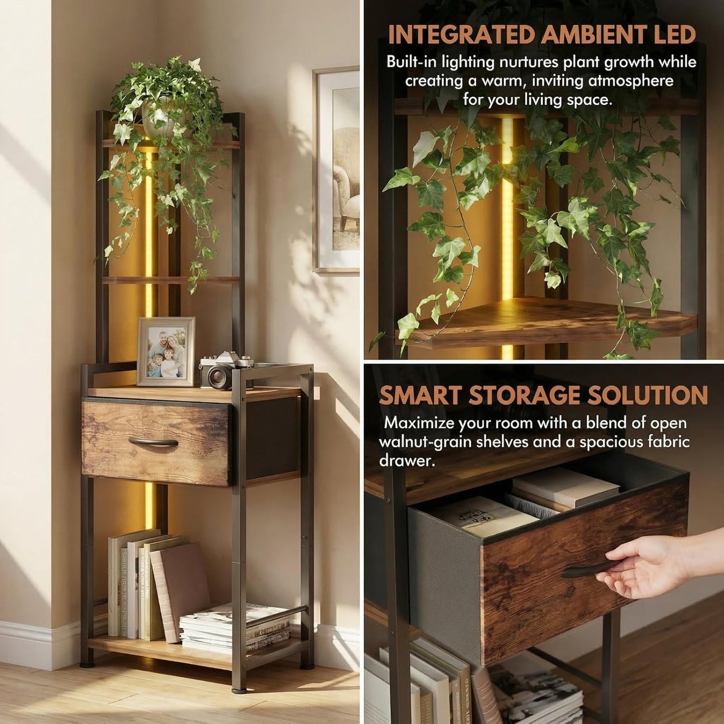 5-Tier Corner Shelf Stand with LED Lights & Fabric Drawer - Rustic Brown Freestanding Corner Cabinet Storage Organizer for Living Room, Bedroom, Office