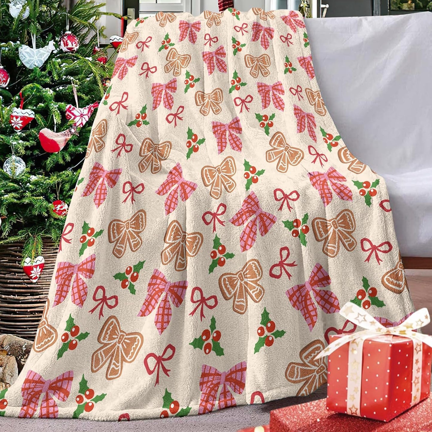 Pink Christmas Bow Flannel Throw Blanket, Xmas Coquette Ribbon Holly Berries Preppy Birthday Gifts for Kids Men Women, Winter Holiday Soft Blankets for Bedding Sofa 50 x 60 Inches