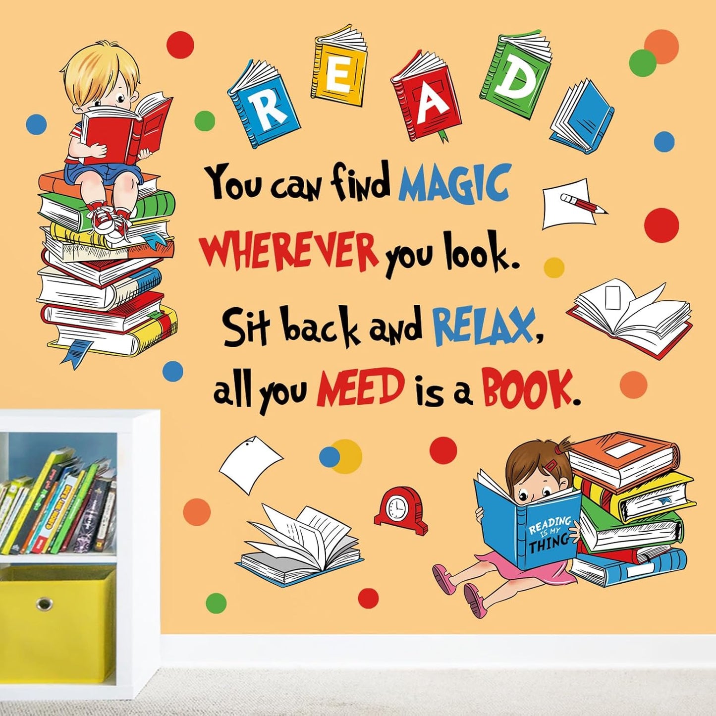 decalmile Reading Books Wall Decals Inspirational Quotes Polka Dots Wall Stickers Kids Room Classroom School Library Wall Decor