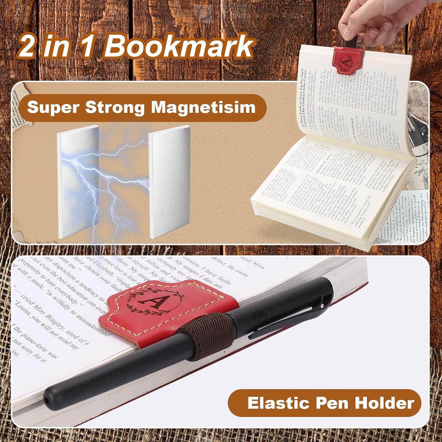 2PCS Magnetic Bookmarks with Pen Holder - Personalized Initial Letters Book Marks for Reading Women, Vintage Book Clip Accessories Gift for Book Lovers Readers Men Women Teachers Students (A)