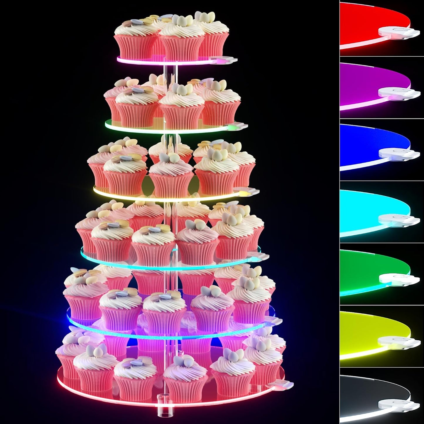 Cupcake Stand - 6 Tier Round Cupcake Tower with Rechargeable LED Light - Cupcake Holder for 60 Cupcakes - Cup Cake Stand with light - Clear Acrylic Dessert Display Stand for Weddings, Birthdays