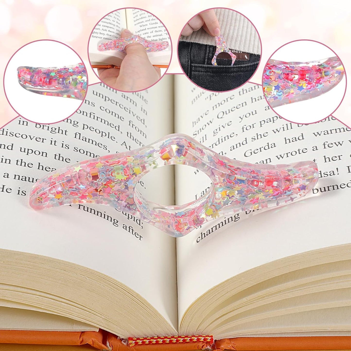2 Pcs Page Holders for Reading, Rhinestones Thumb Book Page Holder Glitter Diamond Dotting Book Opener Holder Transparent Bookmarks Accessories for Reading Lovers Teachers