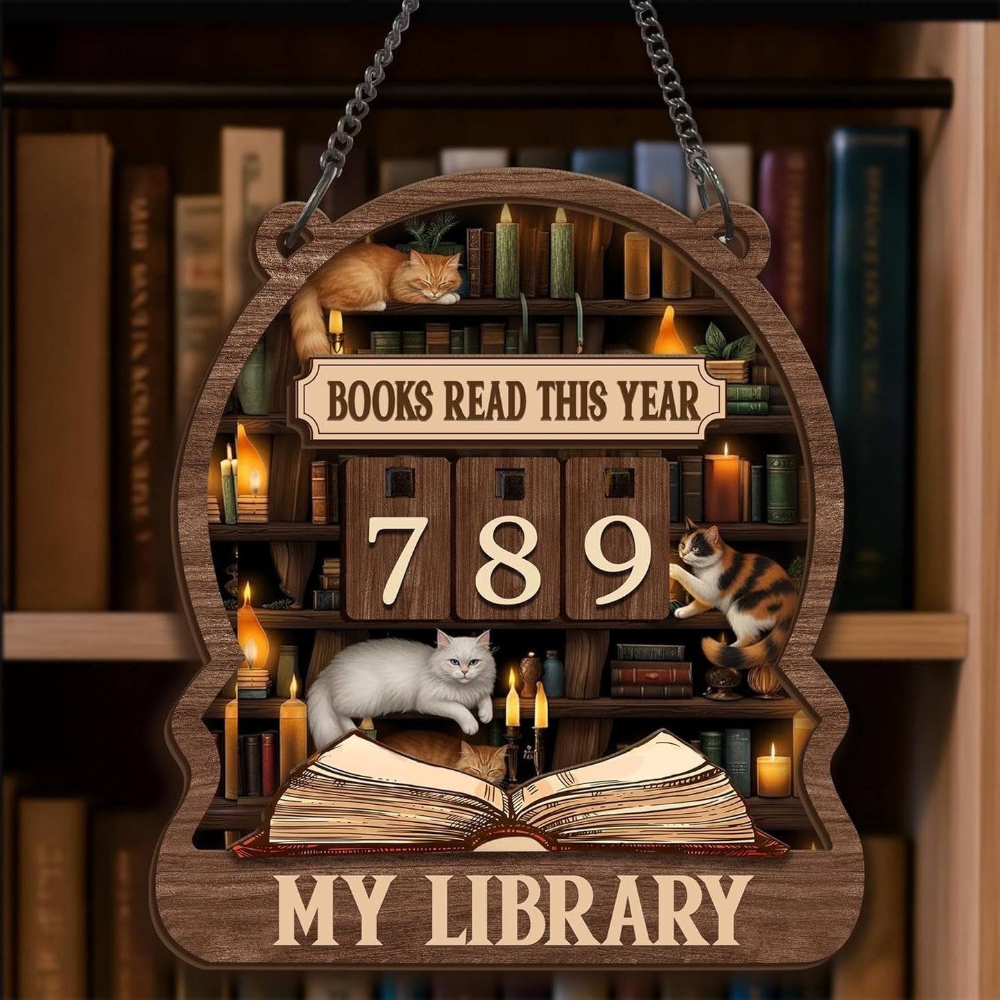 Books Read This Year Counter, Wooden Books Accessories for Book Shelf Decor, Books Reading Tracker Sign with Hanging Chain & Table Stand, Gifts for Book Lover, Reading Challenge Library Bookish Decor