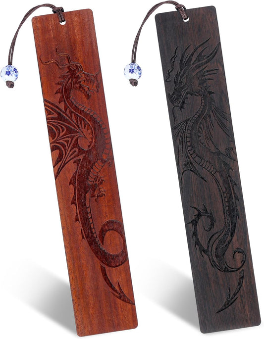Dragon Wooden Bookmark Gifts - 2 Pcs Fantasy Fourth Bookmarks for Men Book Lovers Novel Fans Adults Kids Cool Wing Page Markers School Reading Accessories Bookish Gift for Birthday Graduation