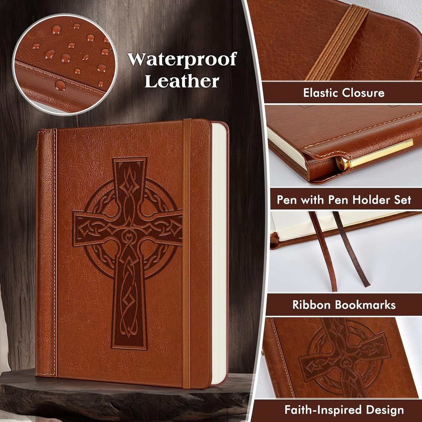 Leather Christian Bible Journal for Men Women, Undated Prayer Journal for Scripture Study & Daily Devotional, Church Notes Notebook, Jesus Religious Faith Gifts for Pastor, Graduation, Baptism (Cross)
