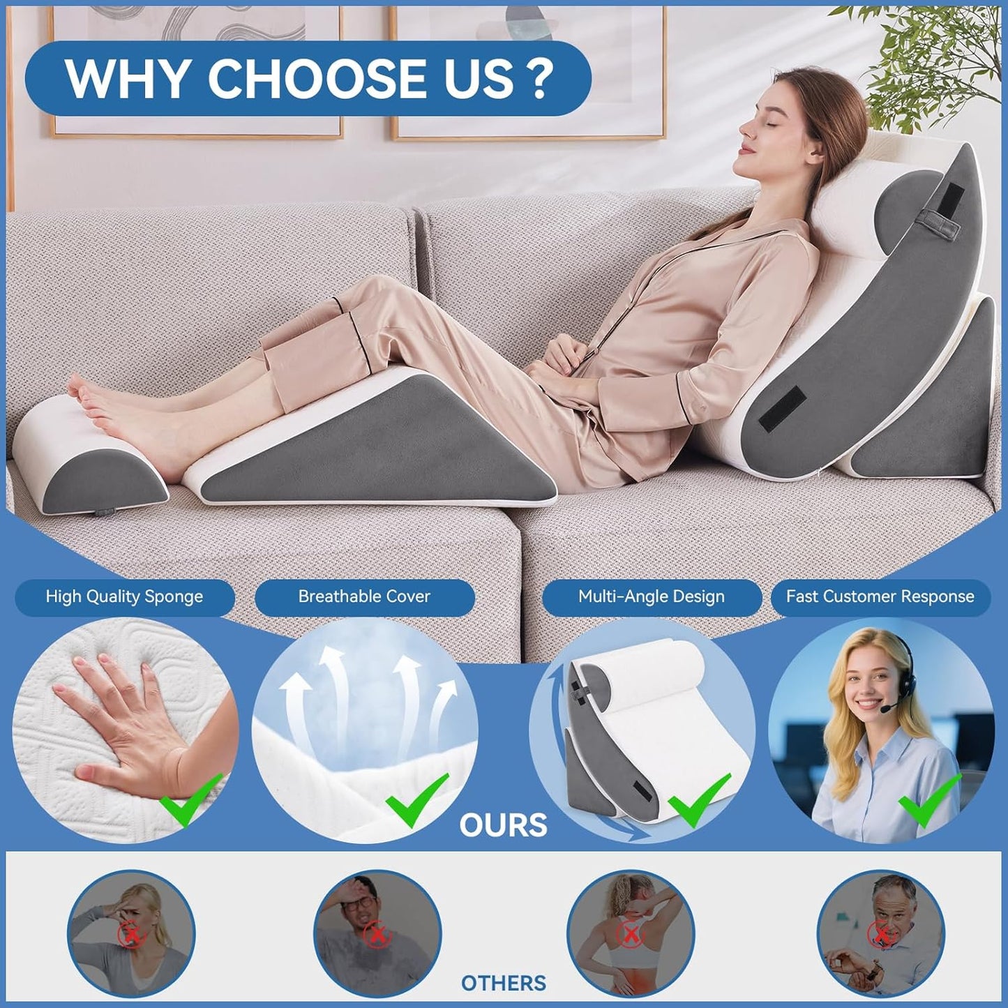 Wedge Pillow Set for After Surgery, 5 PCS Bed Wedge Pillow for Sleeping, Memory Foam Orthopedic Back Pillow for Pain Relief and Acid Reflux, Adjustable Post Surgery Pillow Grey