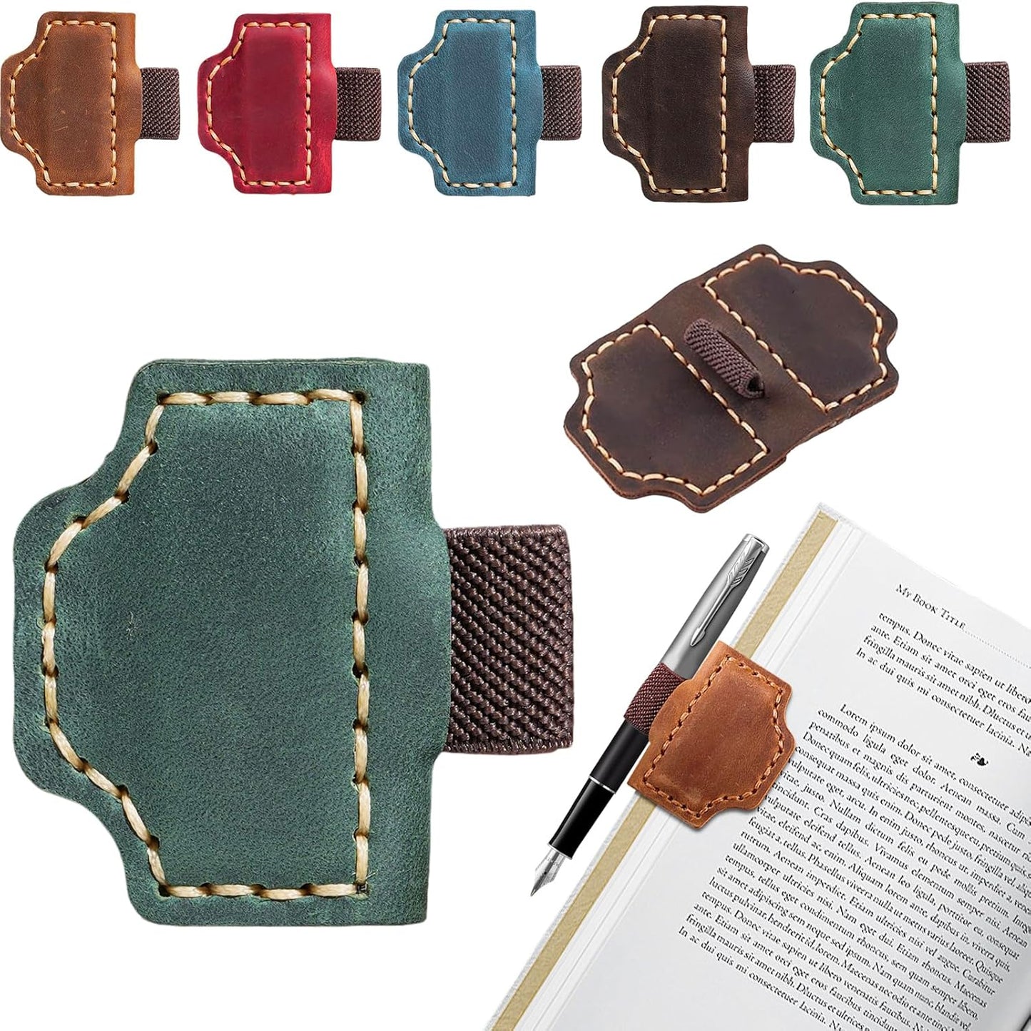 Bygone Mark Bookmark with Pen Holder, Personalized Leather Magnetic Bookmark,Magnetic Bookmarks for Reading Women Book Lovers Travelers Notebook Journal Covers(Blackish Green, 1)